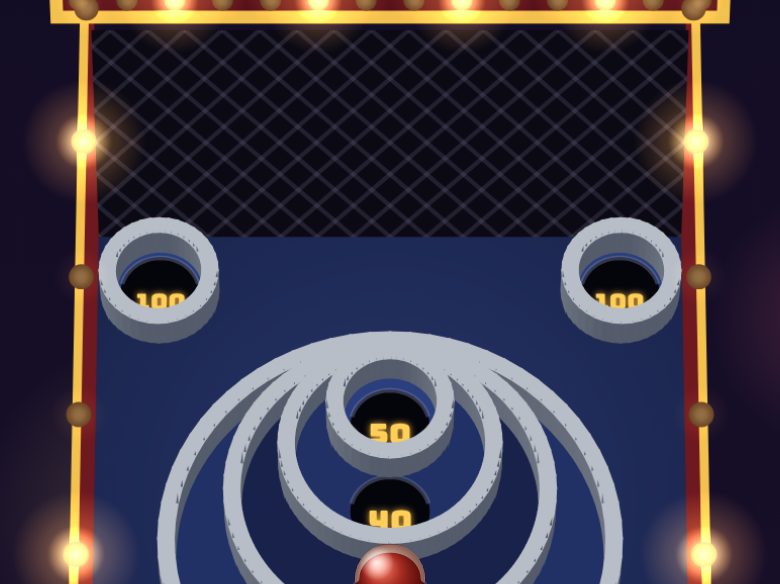 Roll Up's skee-ball board: chrome rings on blue with lit 20, 30, 40 and 50 holes, 100 cups in the top corners, under a marquee of bulbs